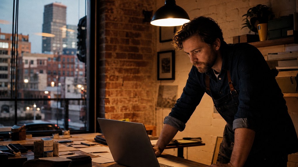 A small-business owner in an apron leaning over a laptop on a cluttered back-office desk late in the day, photographed in Denver