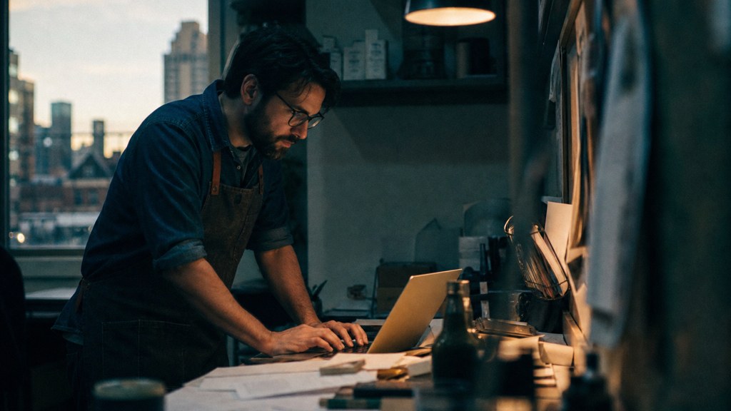 A small-business owner in an apron leaning over a laptop on a cluttered back-office desk late in the day, photographed in Denver
