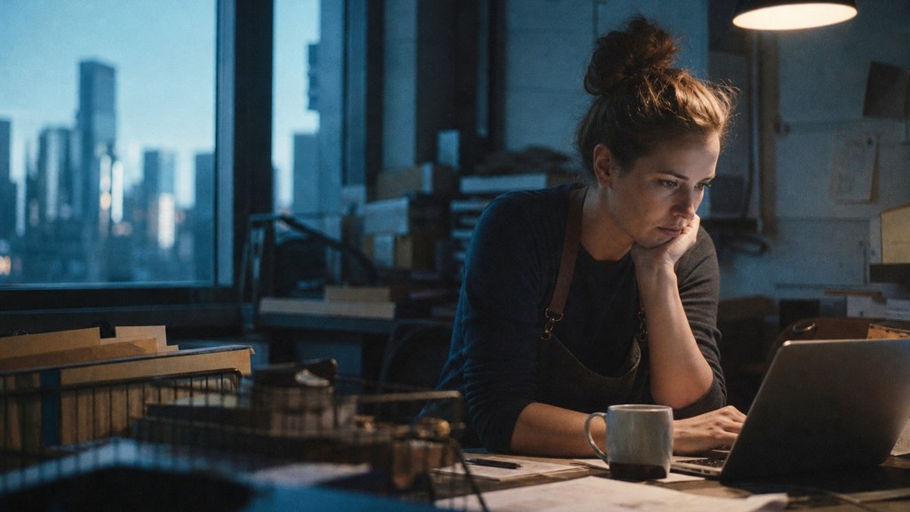 A small-business owner in an apron leaning over a laptop on a cluttered back-office desk late in the day, photographed in Denver