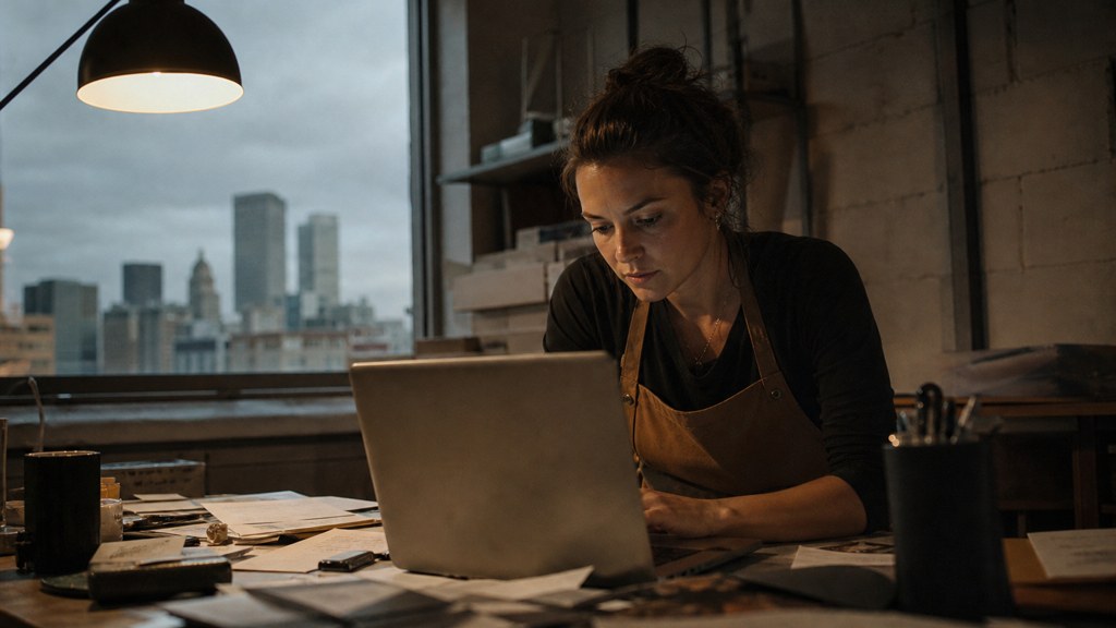 A small-business owner in an apron leaning over a laptop on a cluttered back-office desk late in the day, photographed in Denver