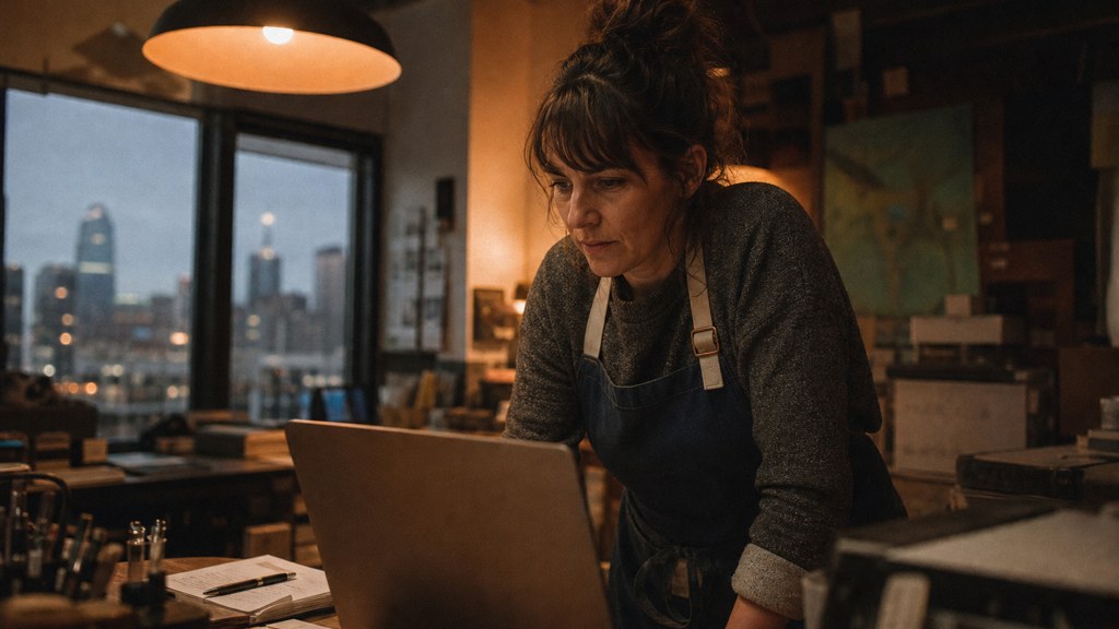 A small-business owner in an apron leaning over a laptop on a cluttered back-office desk late in the day, photographed in Denver