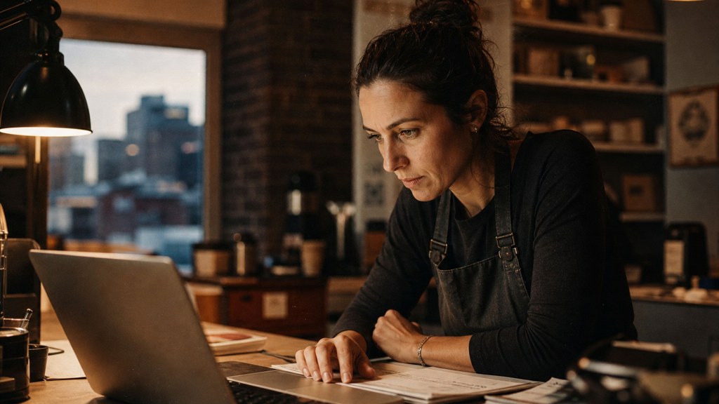 A small-business owner in an apron leaning over a laptop on a cluttered back-office desk late in the day, photographed in Denver