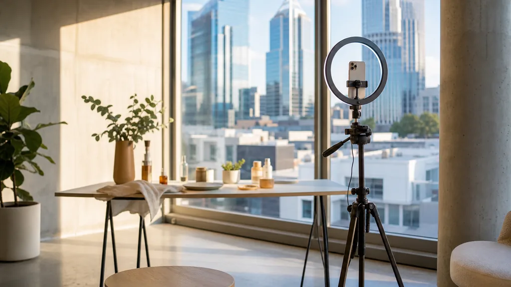 Editorial photograph of a Charlotte uptown office, banking towers and warm Carolina afternoon light through tall glass