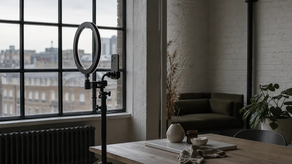 Editorial photograph of a London Shoreditch warehouse office, weathered brick and soft grey daylight through steel-framed windows