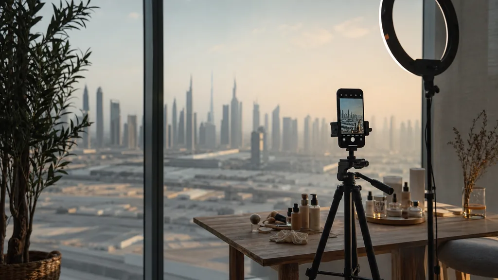 Editorial photograph of a Dubai Business Bay office, glass towers and warm gulf light through floor-to-ceiling windows