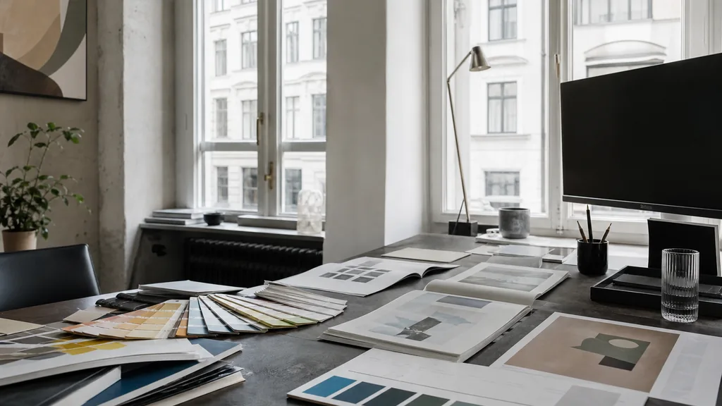 Editorial photograph of a Berlin Mitte studio, raw concrete and cool northern daylight through tall factory windows