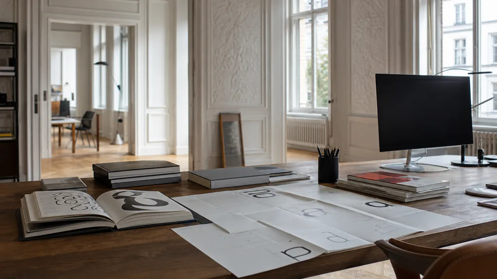 Editorial photograph of a Munich Schwabing studio, pale oak floors and soft alpine light through wide windows