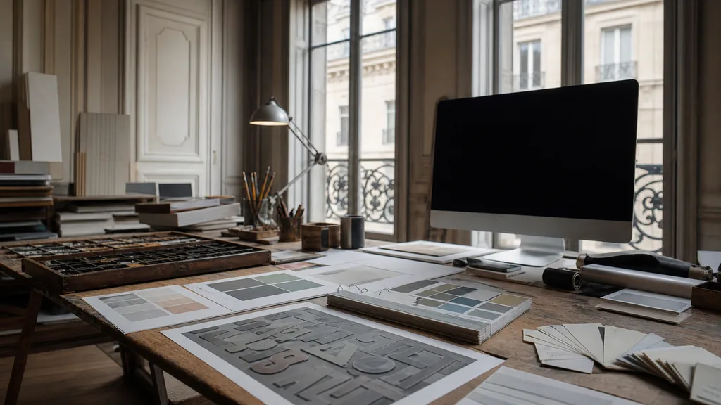 Editorial photograph of a Paris Haussmann studio, herringbone parquet and grey soft light through tall casement windows