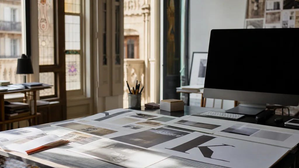 Editorial photograph of a Barcelona Poblenou studio, tiled floors and warm Mediterranean light through arched windows