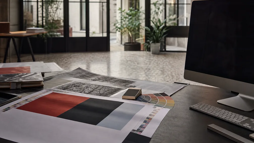 Editorial photograph of a Milan Brera studio, terrazzo floors and cool northern Italian light through steel windows