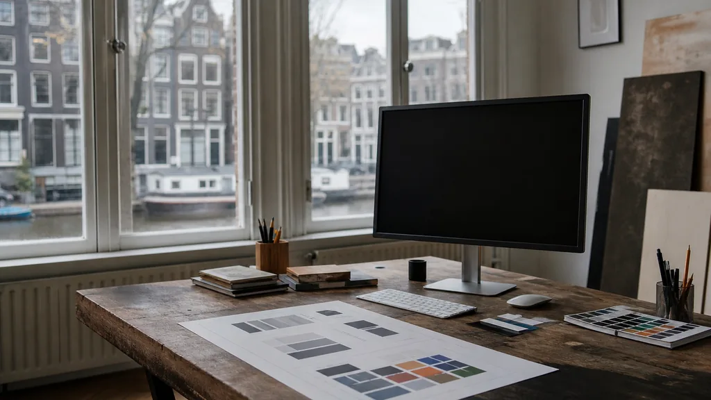 Editorial photograph of an Amsterdam canal-house studio, timber beams and soft grey Dutch daylight through tall windows