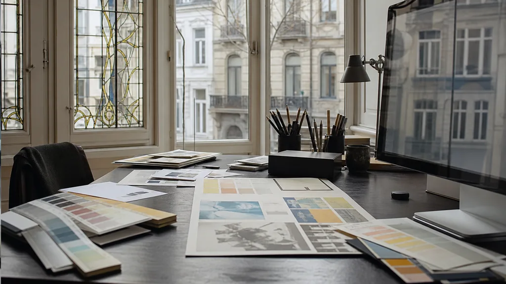 Editorial photograph of a Brussels Ixelles studio, art nouveau ironwork and pale overcast light through tall glass