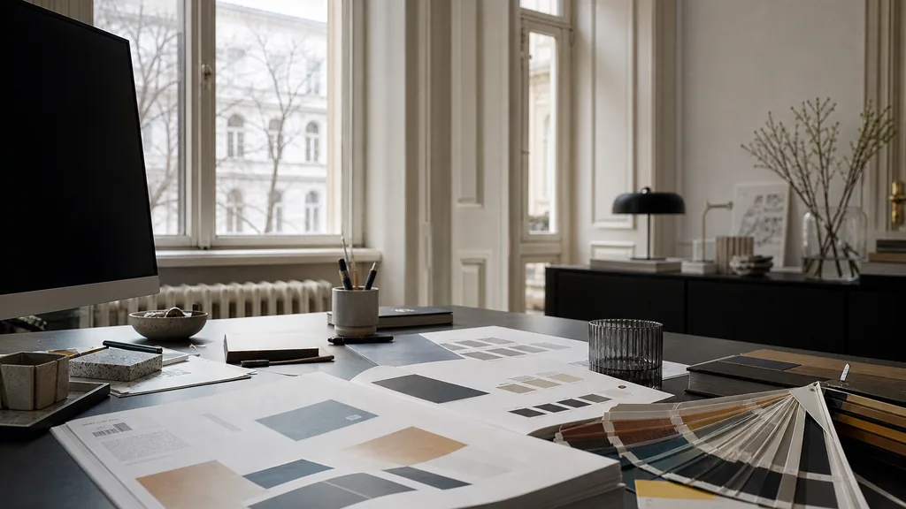 Editorial photograph of a Vienna Neubau studio, stucco ceilings and soft winter light through tall double windows