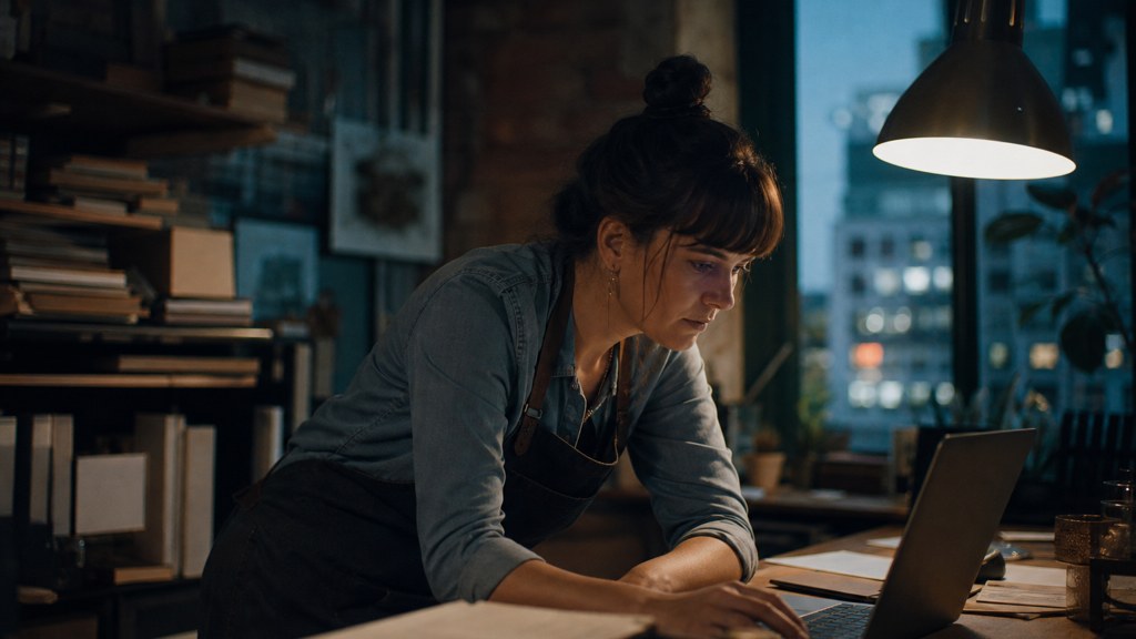 A small-business owner in an apron leaning over a laptop on a cluttered back-office desk late in the day, photographed in Des Moines