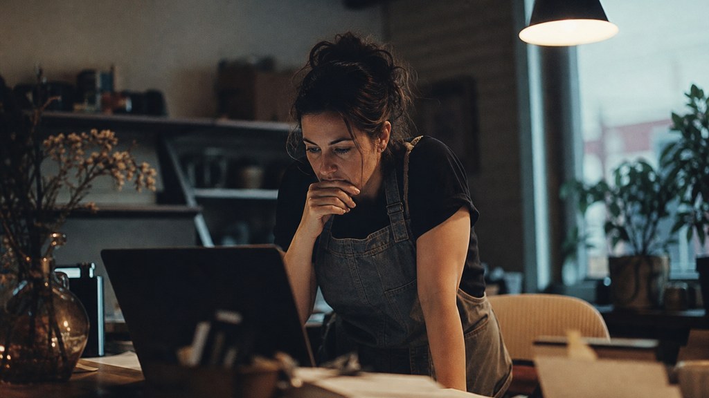 A small-business owner in an apron leaning over a laptop on a cluttered back-office desk late in the day, photographed in Des Moines