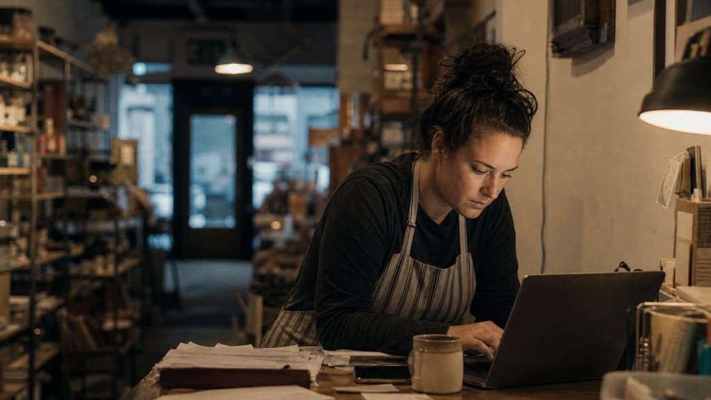 A small-business owner in an apron leaning over a laptop on a cluttered back-office desk late in the day, photographed in Des Moines