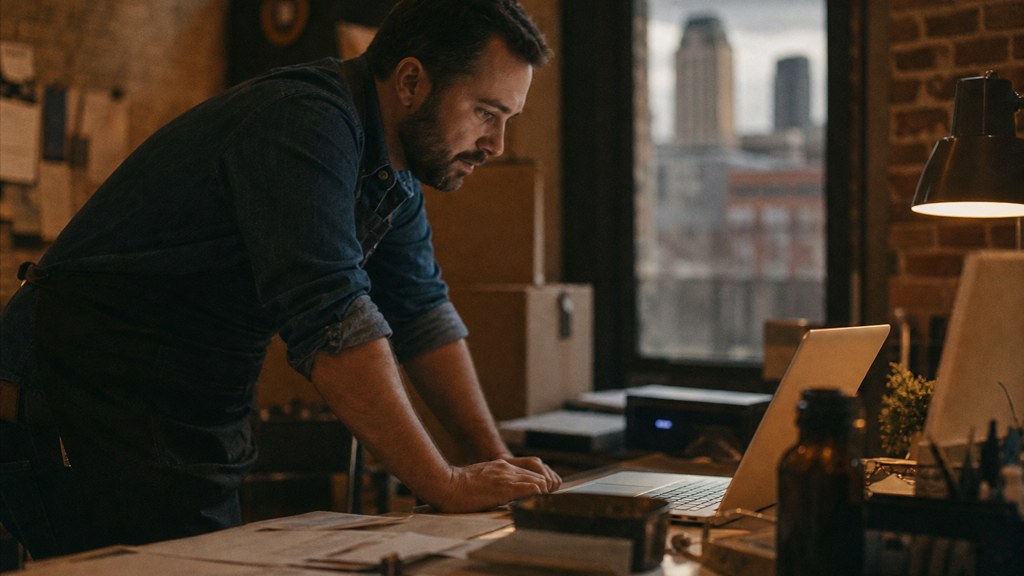 A small-business owner in an apron leaning over a laptop on a cluttered back-office desk late in the day, photographed in Des Moines