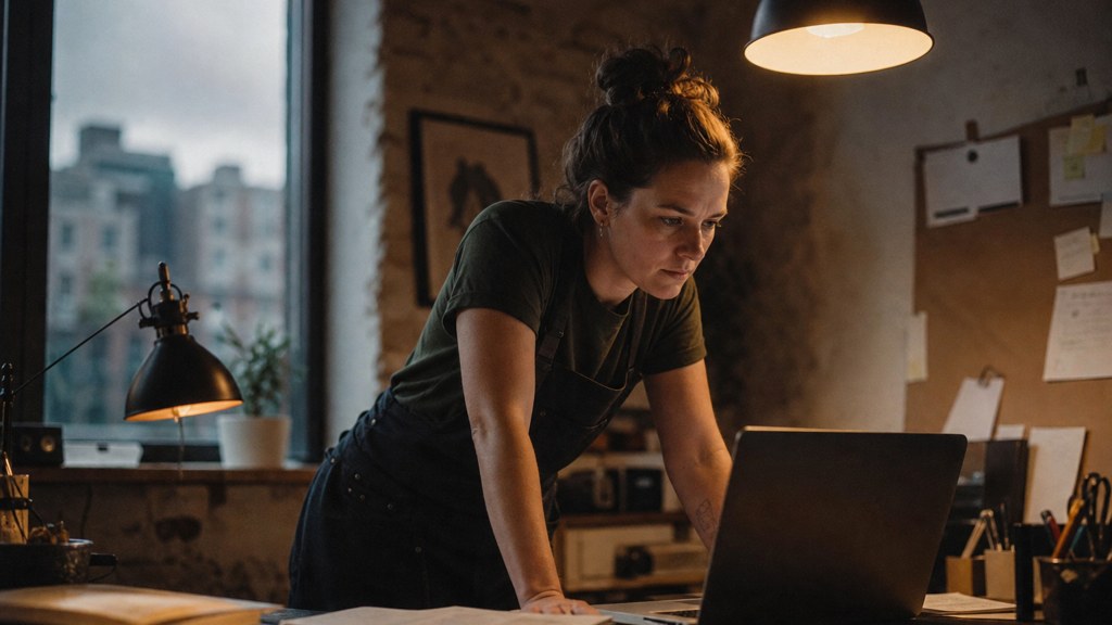 A small-business owner in an apron leaning over a laptop on a cluttered back-office desk late in the day, photographed in Des Moines