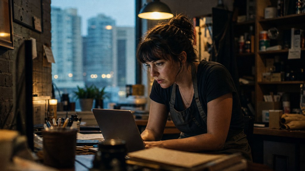 A small-business owner in an apron leaning over a laptop on a cluttered back-office desk late in the day, photographed in Des Moines