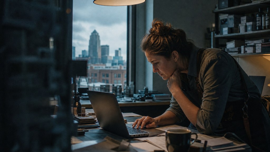 A small-business owner in an apron leaning over a laptop on a cluttered back-office desk late in the day, photographed in Des Moines