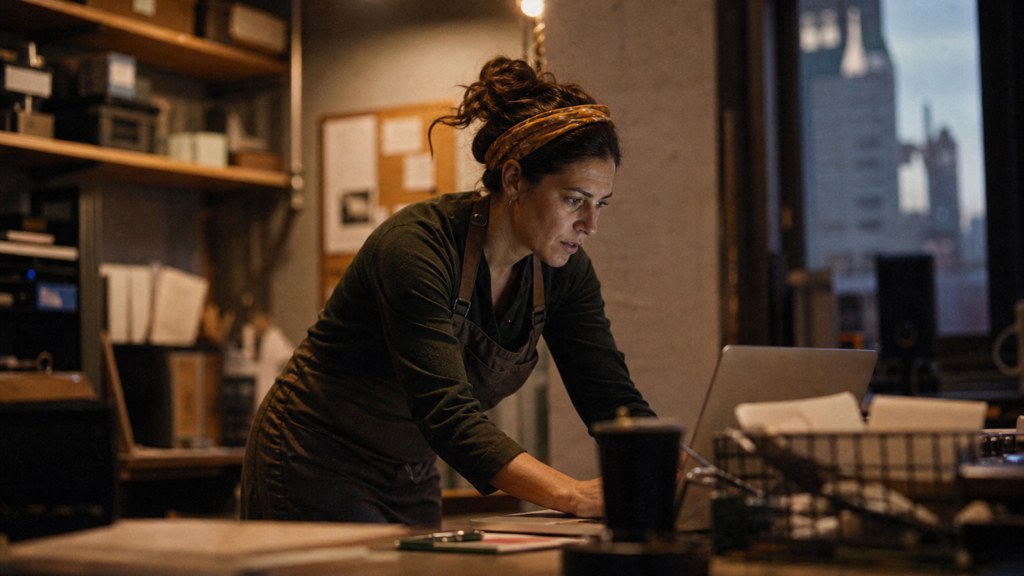 A small-business owner in an apron leaning over a laptop on a cluttered back-office desk late in the day, photographed in Des Moines