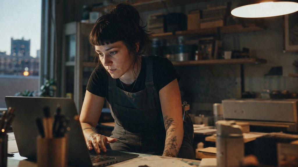 A small-business owner in an apron leaning over a laptop on a cluttered back-office desk late in the day, photographed in Des Moines