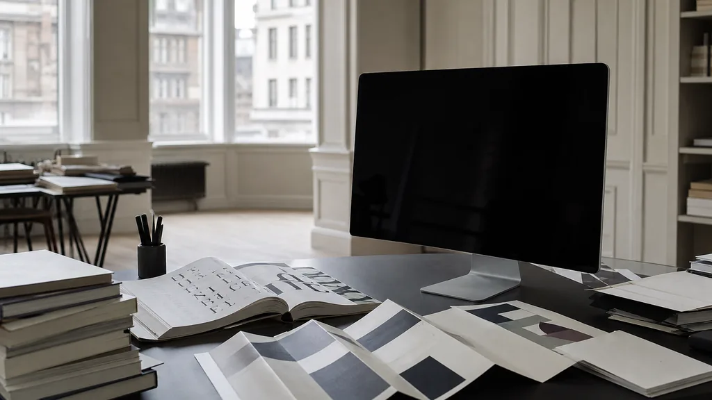 Editorial photograph of a Stockholm Ostermalm studio, pale wood floors and cool Nordic daylight through tall windows