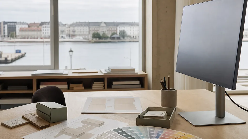 Editorial photograph of a Copenhagen harbourside studio, light oak surfaces and flat Danish daylight through wide glass