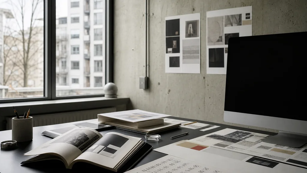 Editorial photograph of a Warsaw modernist studio, concrete walls and pale winter light through steel-framed windows