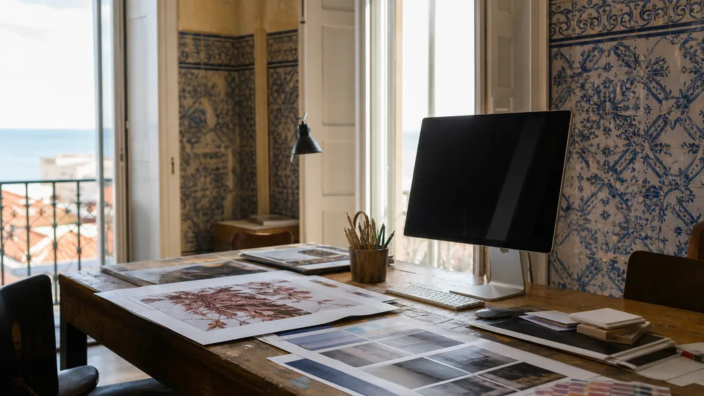 Editorial photograph of a Lisbon studio with azulejo tiled walls and bright Atlantic light through shuttered windows