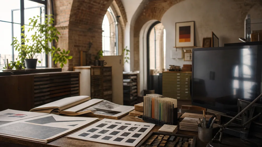 Editorial photograph of a Prague vaulted brick studio, soft Bohemian light falling through tall arched windows
