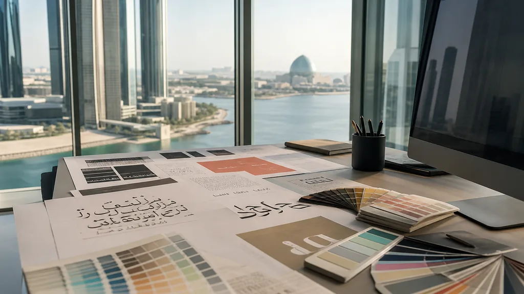 Editorial photograph of an Abu Dhabi tower studio, pale stone surfaces and hard Gulf daylight through floor to ceiling glass