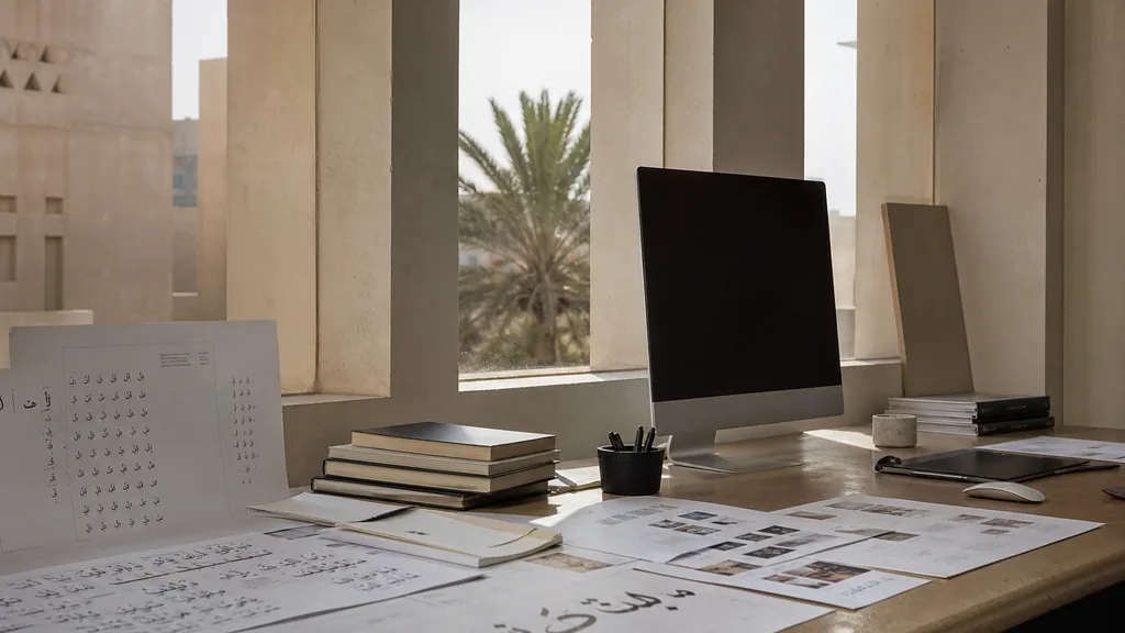 Editorial photograph of a Riyadh studio with pale stone walls and dry midday light through deep window reveals