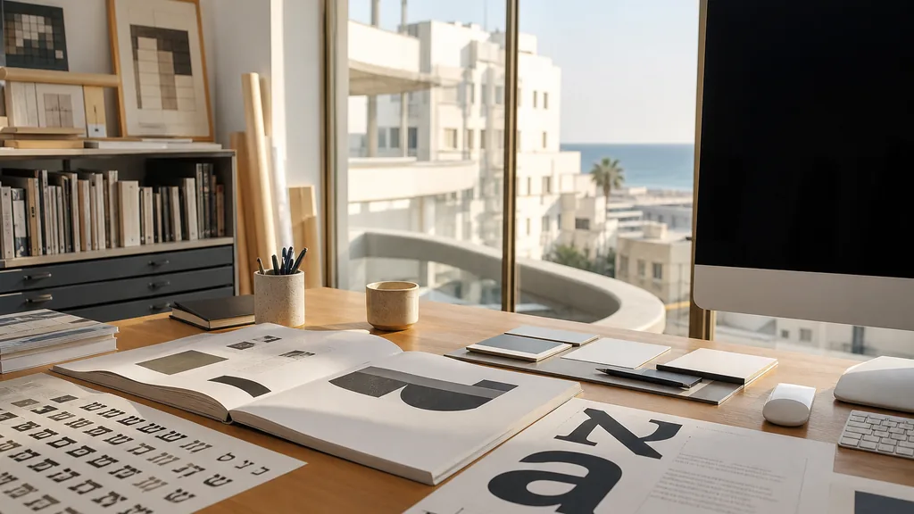 Editorial photograph of a Tel Aviv Bauhaus building studio, bright coastal light through curved balcony windows