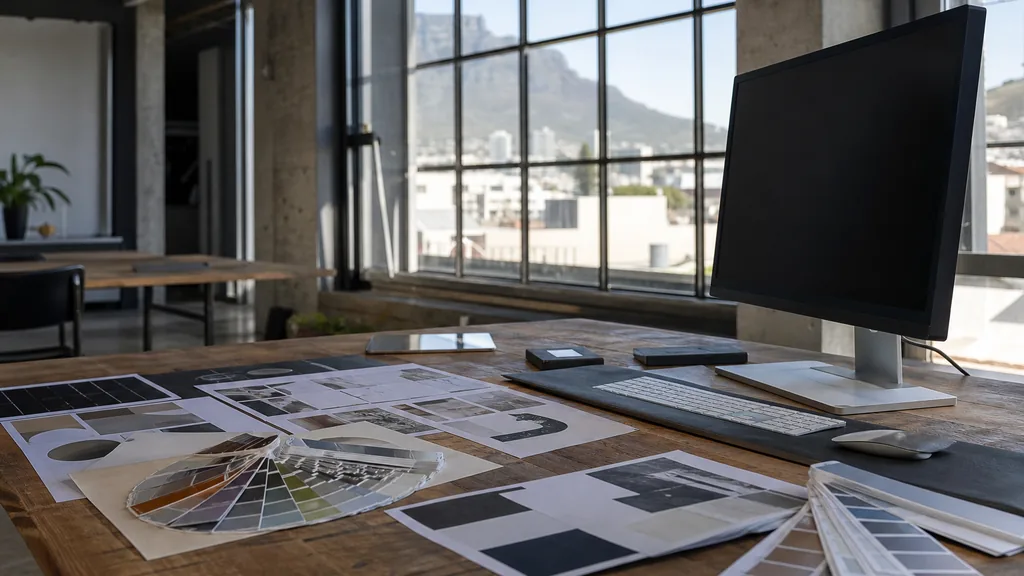 Editorial photograph of a Cape Town Woodstock warehouse studio, clear Cape light through tall industrial windows