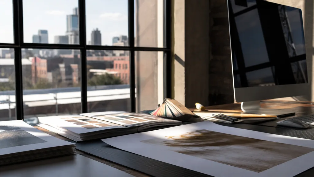 Editorial photograph of a Johannesburg Maboneng loft studio, hard highveld afternoon light through steel windows