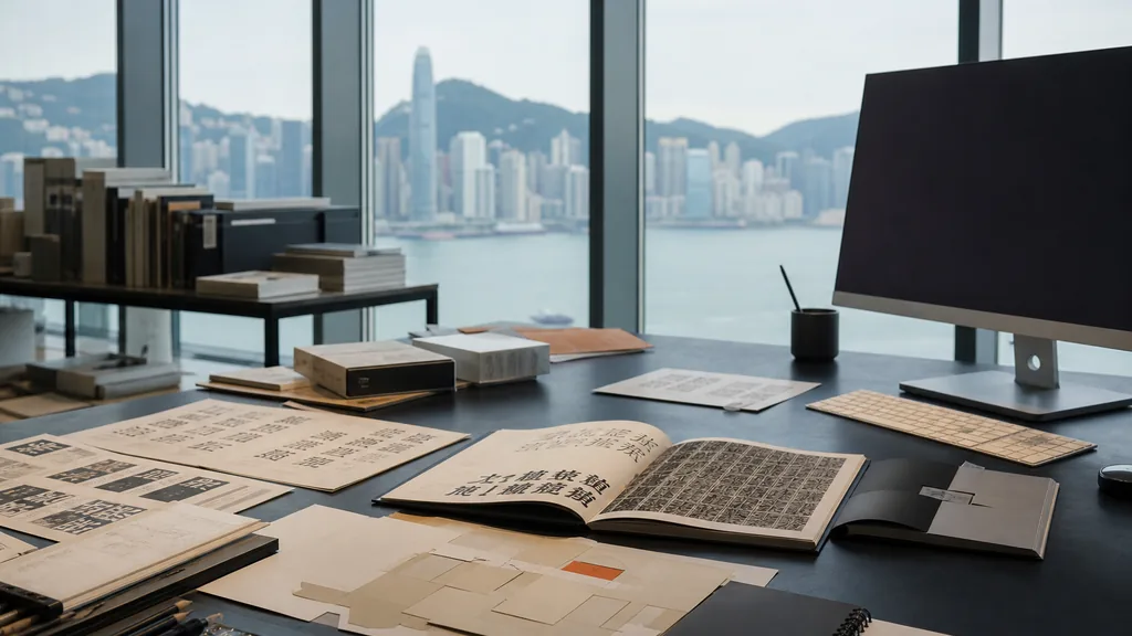 Editorial photograph of a Hong Kong tower studio with harbour light through floor to ceiling glass