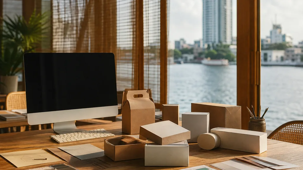 Editorial photograph of a Bangkok riverside studio with teak surfaces, rattan blinds and warm afternoon light