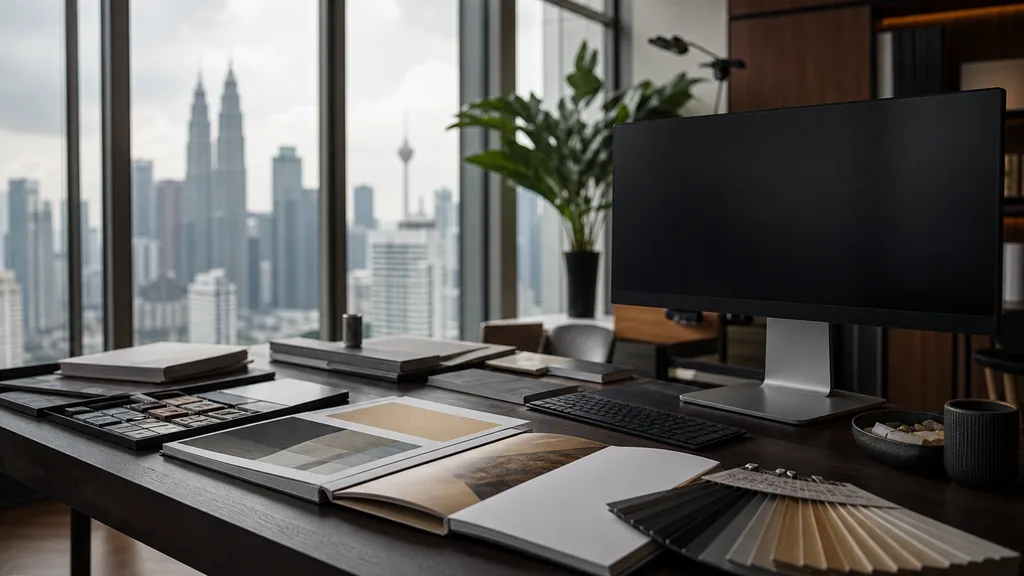 Editorial photograph of a Kuala Lumpur high rise studio with dark timber and humid overcast light through wide glass