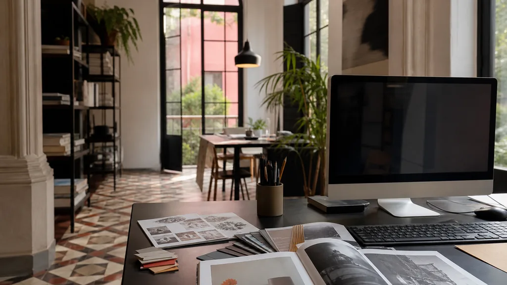 Editorial photograph of a Mexico City Roma Norte studio with tiled floors, arched windows and bright altitude light