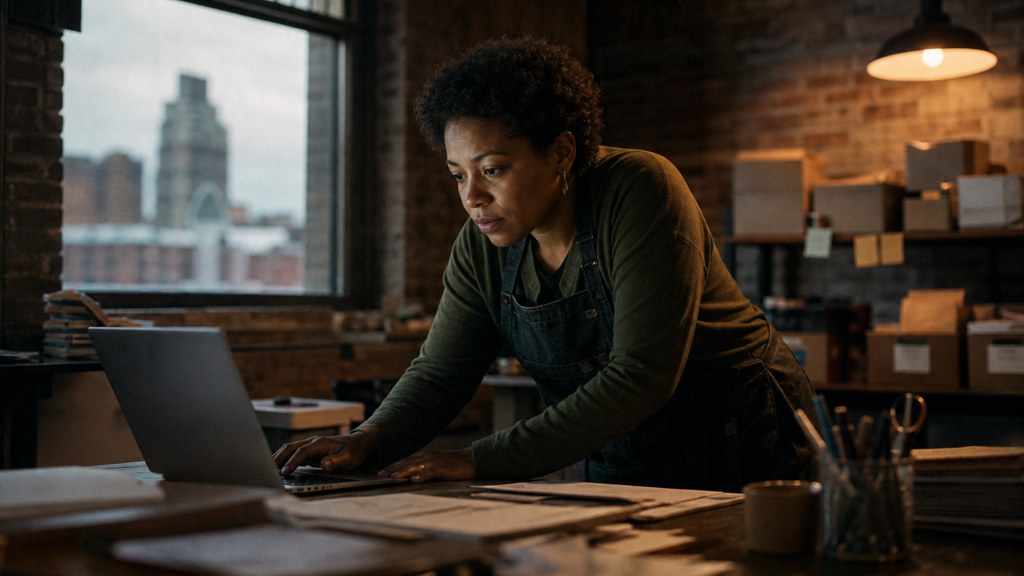 A small-business owner in an apron leaning over a laptop on a cluttered back-office desk late in the day, photographed in Detroit