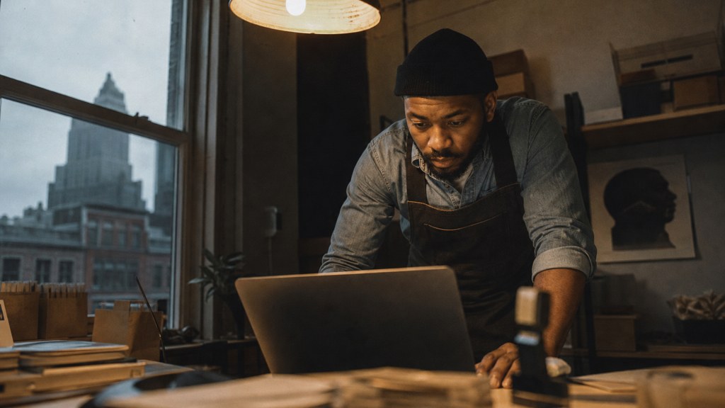 A small-business owner in an apron leaning over a laptop on a cluttered back-office desk late in the day, photographed in Detroit