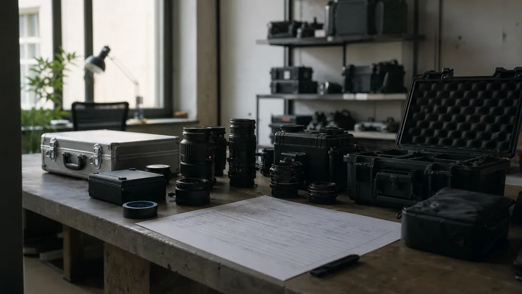 Editorial photograph of a Berlin film production office with camera cases, lens boxes and a printed shot list on a concrete table