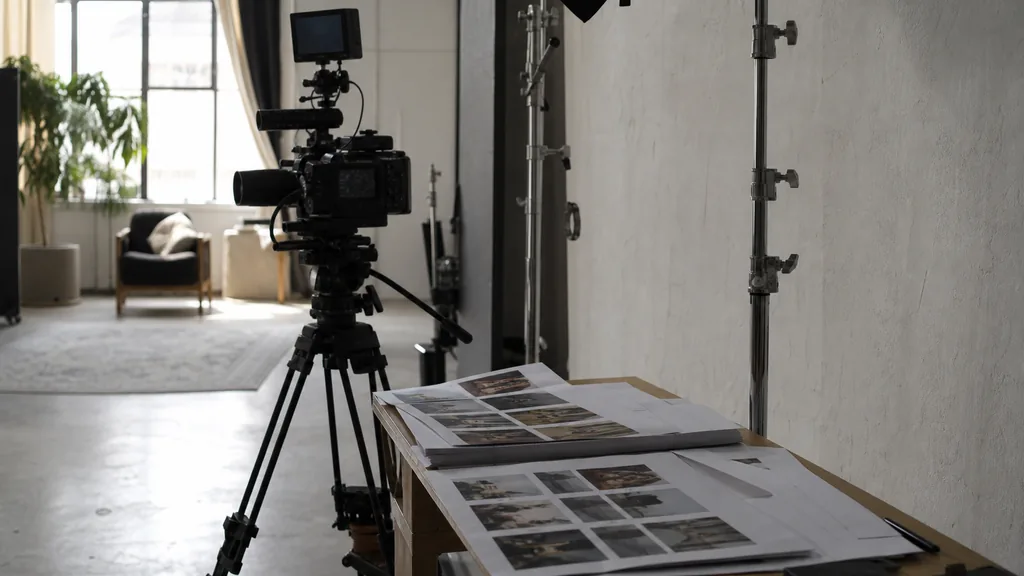 Editorial photograph of a Barcelona video production studio with a camera rig, printed storyboards and lighting stands beside a whitewashed wall