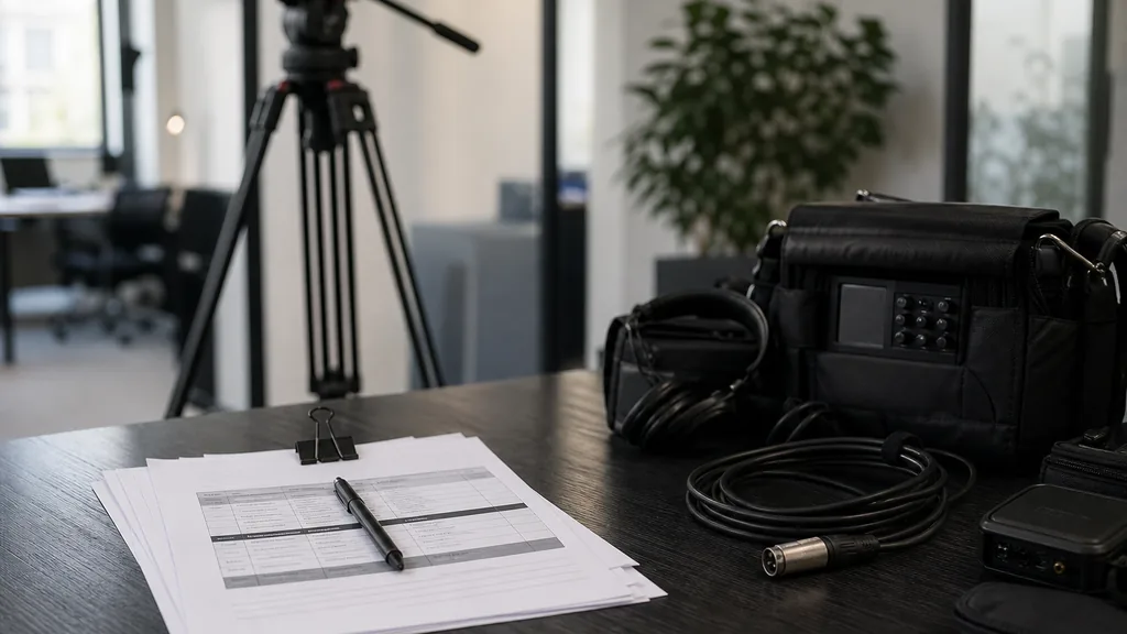 Editorial photograph of a Brussels corporate video production office with a tripod, printed call sheets and audio kit on a dark table
