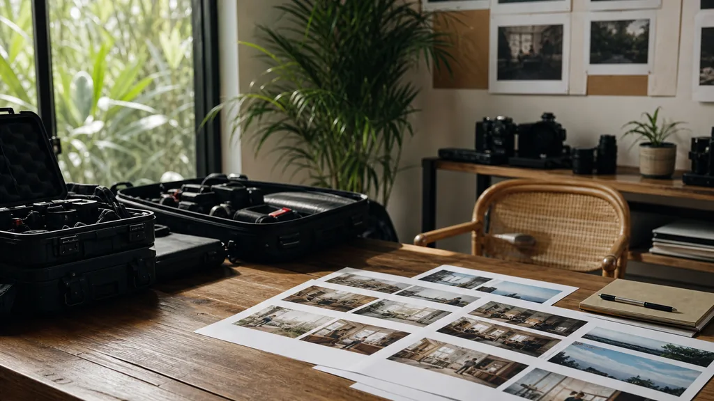 Editorial photograph of a Bangkok film production office with tropical daylight, camera cases and printed storyboards on a teak table