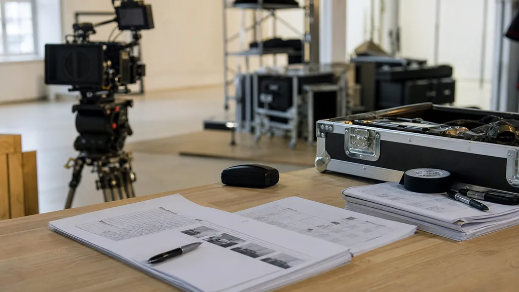 Editorial photograph of a Munich film production studio with camera equipment cases and printed shot lists on a pale oak table