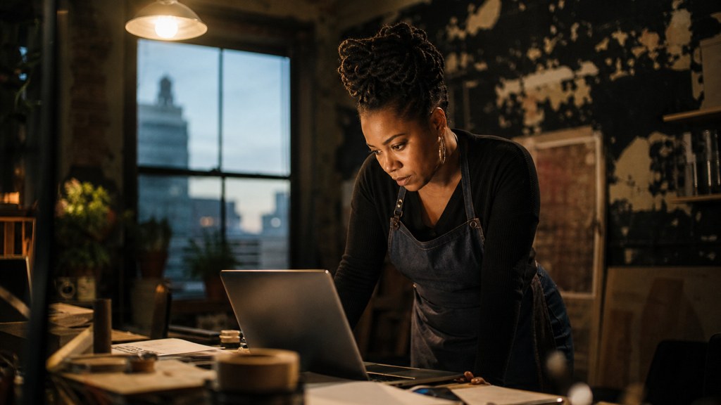 A small-business owner in an apron leaning over a laptop on a cluttered back-office desk late in the day, photographed in Detroit