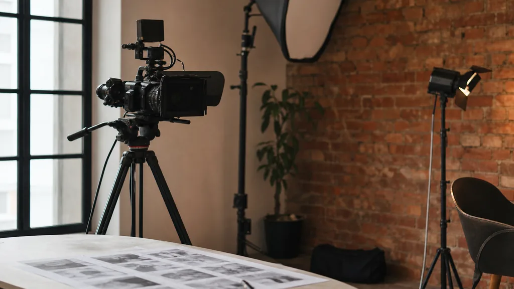 Editorial photograph of a Madrid video production studio with a camera, printed storyboards and lighting stands beside a warm brick wall