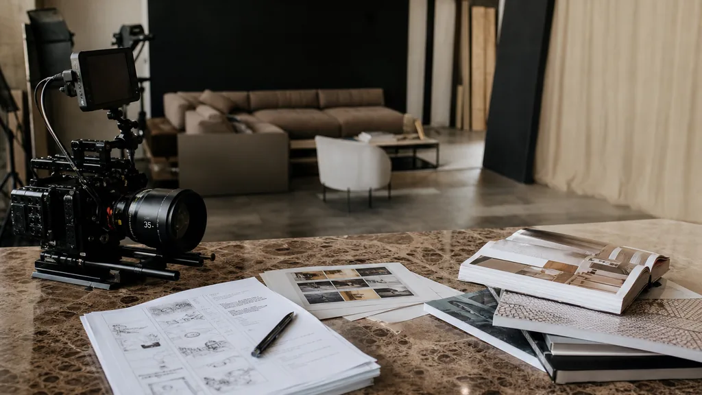 Editorial photograph of a Milan video production studio with a cinema camera, printed shot lists and design magazines on a marble table